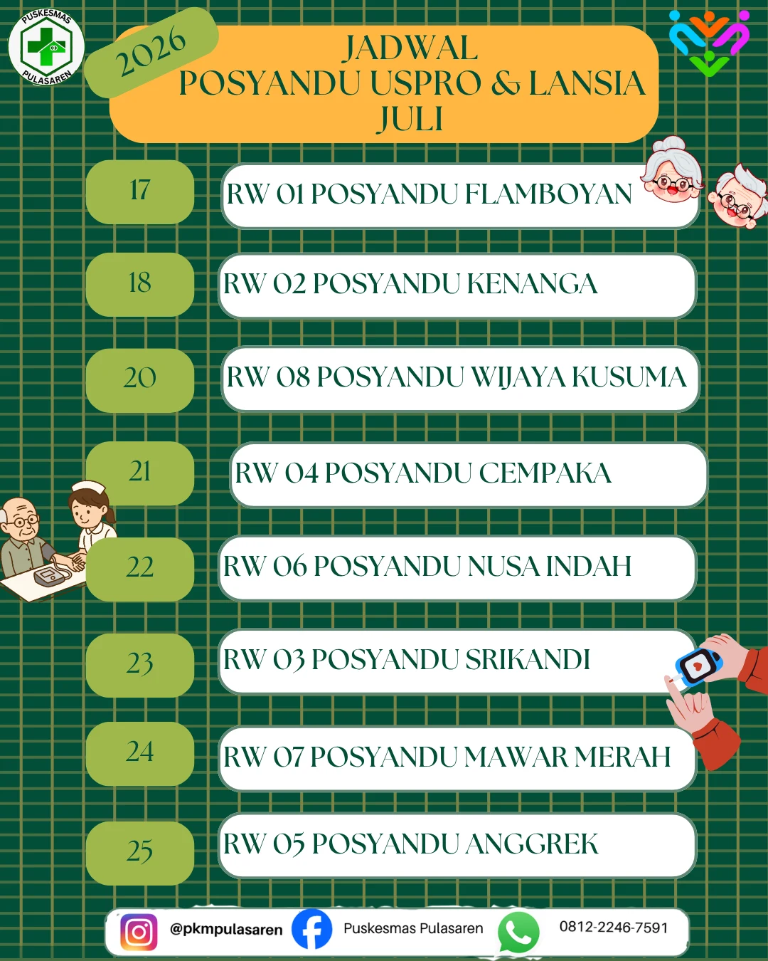 Jadwal Posyandu PTM dan Lansia Kelurahan Pulasaren Bulan Juli