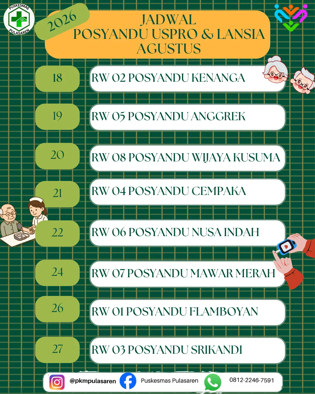 Jadal Posyandu PTM dan Lansia Kelurahan Pulasaren Bulan Agustus